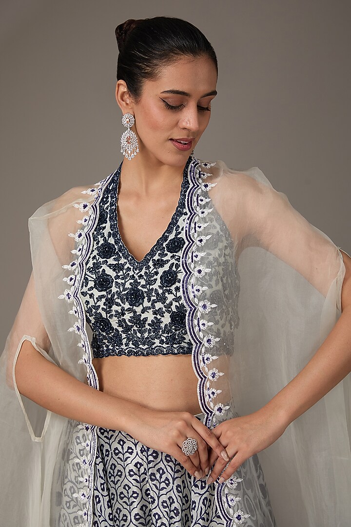 Grey & Navy Blue Organza Hand Embroidered Cape Set by Prisha's at Pernia's Pop Up Shop
