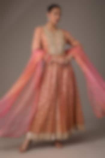 Red & Orange Chanderi Banarasi Block Printed & Hand Embroidered Kurta Set by Prisha's at Pernia's Pop Up Shop