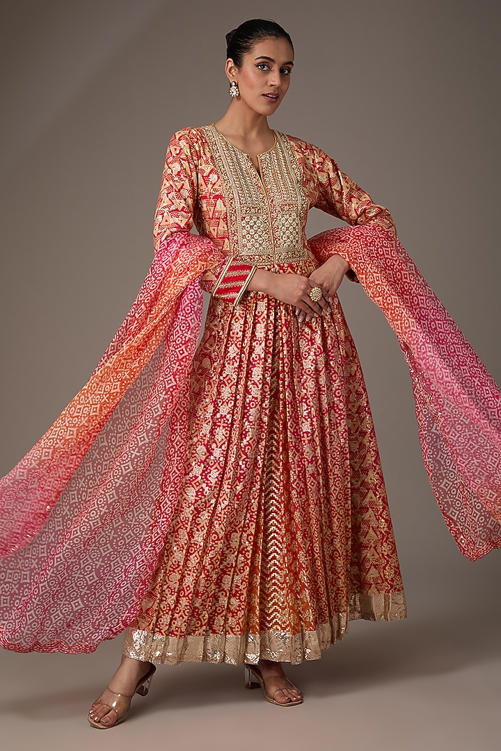 Red & Orange Chanderi Banarasi Block Printed & Hand Embroidered Kurta Set by Prisha's at Pernia's Pop Up Shop