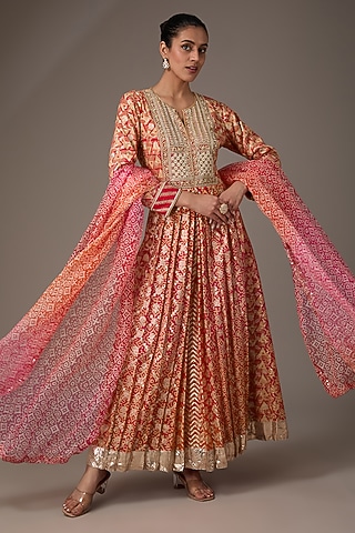 Red & Orange Chanderi Banarasi Block Printed & Hand Embroidered Kurta Set by Prisha's
