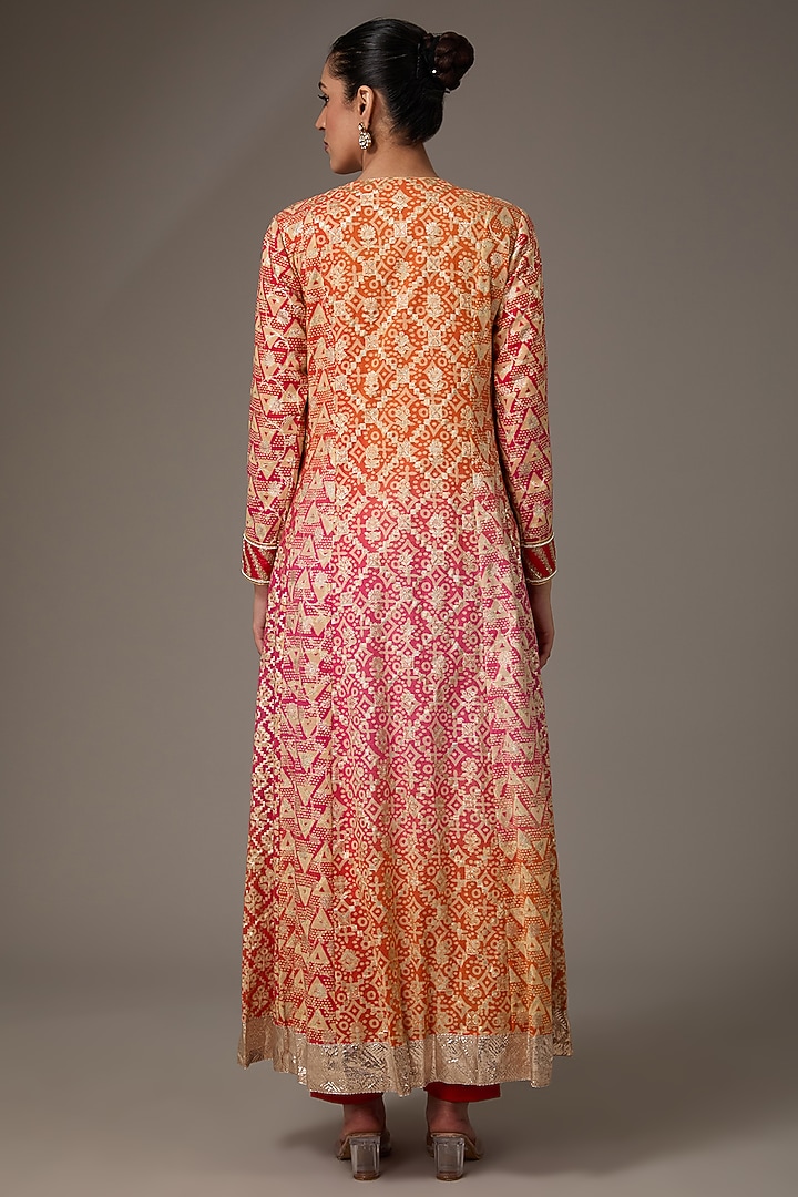 Red & Orange Chanderi Banarasi Block Printed & Hand Embroidered Kurta Set by Prisha's at Pernia's Pop Up Shop