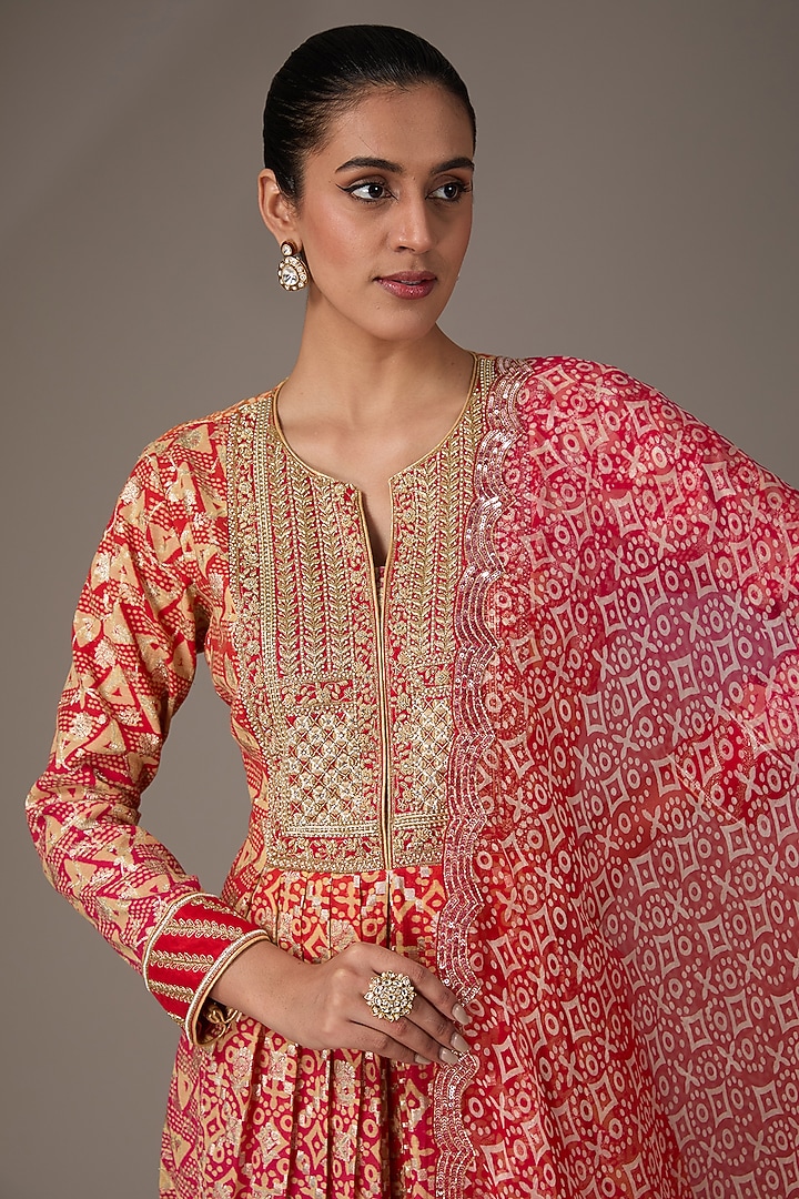 Red & Orange Chanderi Banarasi Block Printed & Hand Embroidered Kurta Set by Prisha's at Pernia's Pop Up Shop