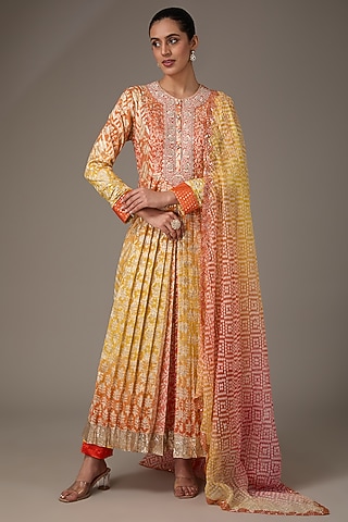 Orange & Yellow Chanderi Banarasi Block Printed & Hand Embroidered Kurta Set by Prisha's