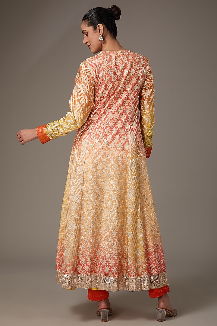 Orange & Yellow Chanderi Banarasi Block Printed & Hand Embroidered Kurta Set by Prisha's at Pernia's Pop Up Shop