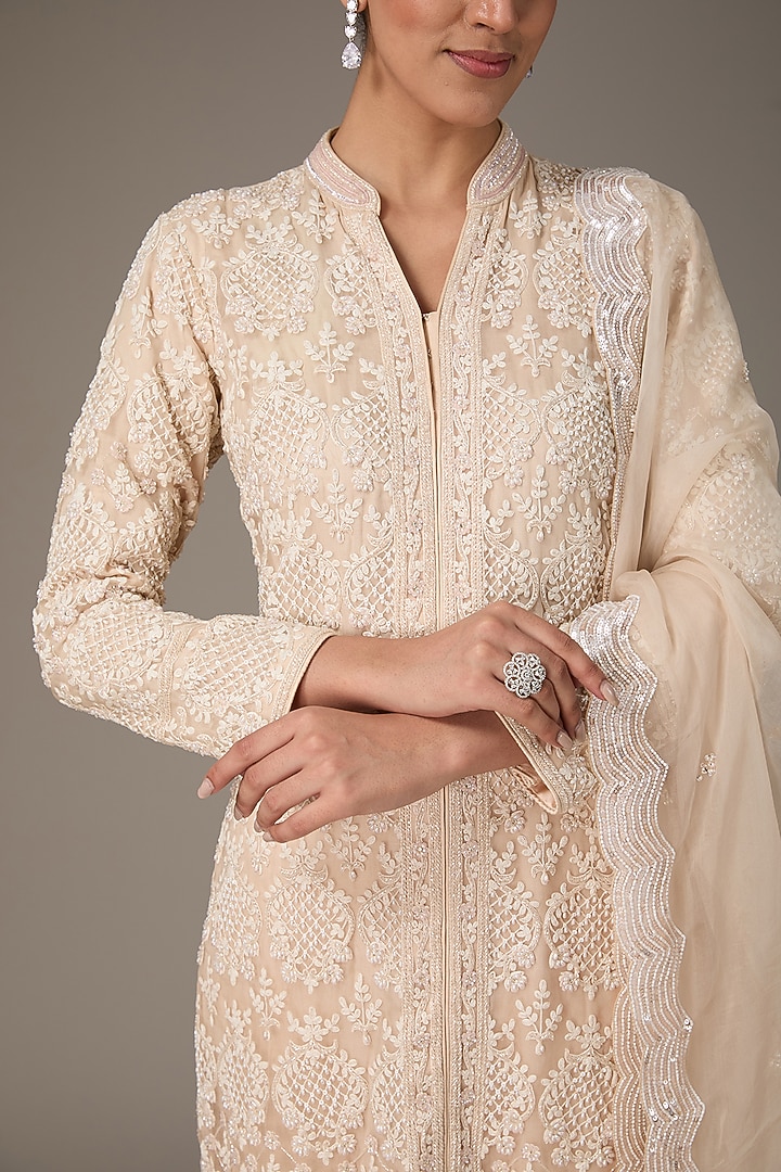 Beige Silk Hand Embroidered Kurta Set by Prisha's at Pernia's Pop Up Shop