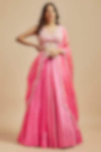 Pink Kora Silk Block Printed Wedding Lehenga Set by Prisha's at Pernia's Pop Up Shop