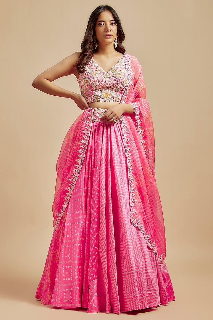 Pink Kora Silk Block Printed Wedding Lehenga Set by Prisha's at Pernia's Pop Up Shop