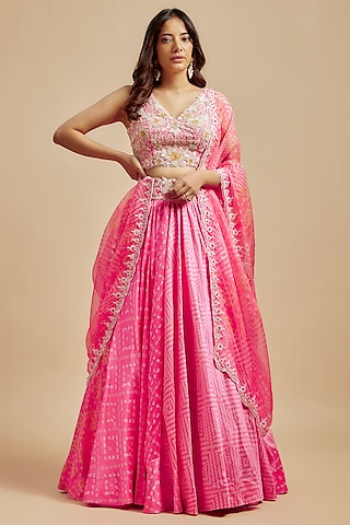 Pink Kora Silk Block Printed Lehenga Set by Prisha's