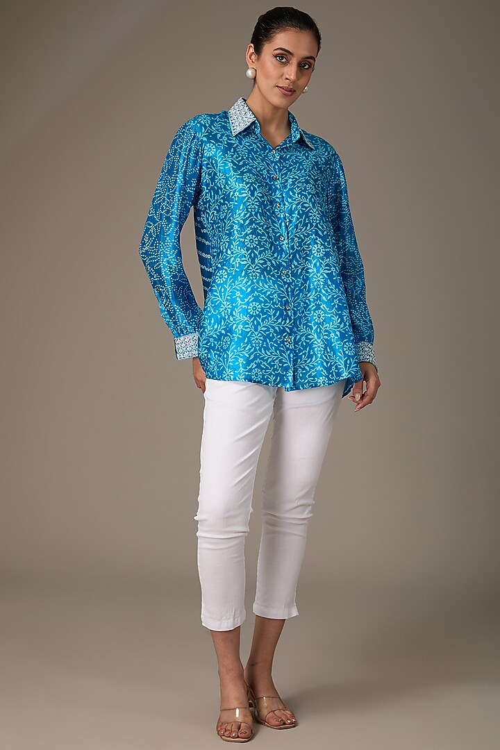 Blue Kora Silk Block Printed & Hand Embroidered Shirt by Prisha's at Pernia's Pop Up Shop