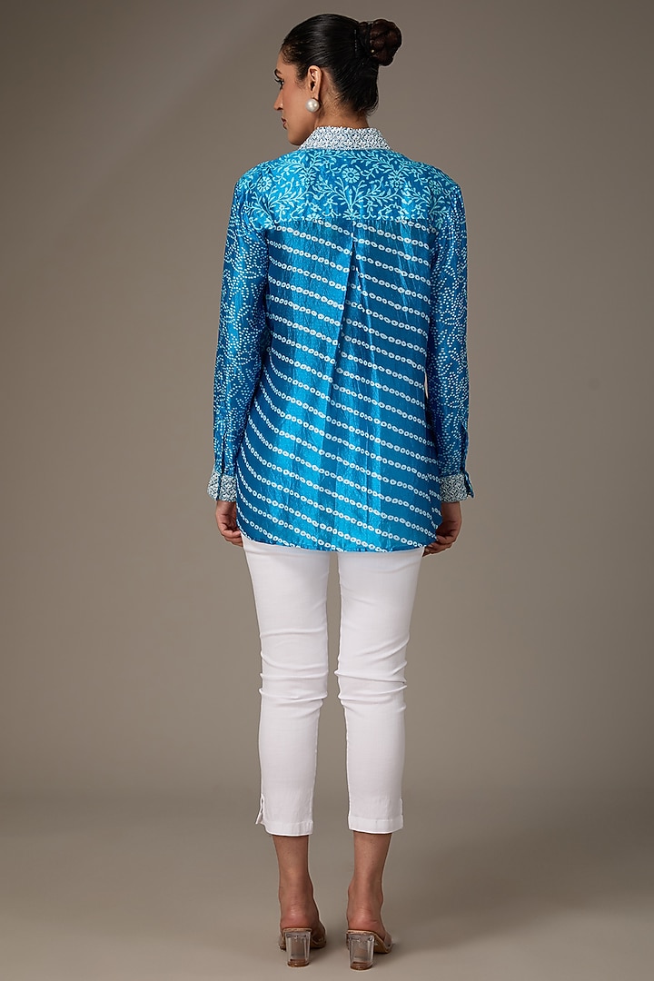 Blue Kora Silk Block Printed & Hand Embroidered Shirt by Prisha's at Pernia's Pop Up Shop