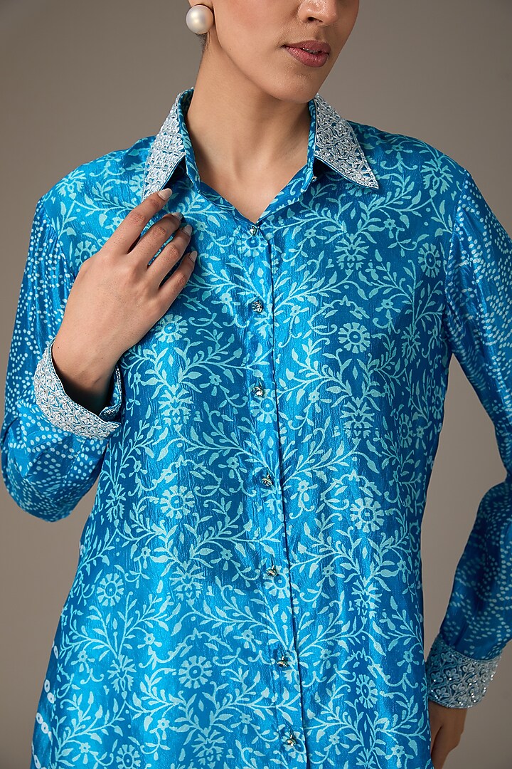 Blue Kora Silk Block Printed & Hand Embroidered Shirt by Prisha's at Pernia's Pop Up Shop