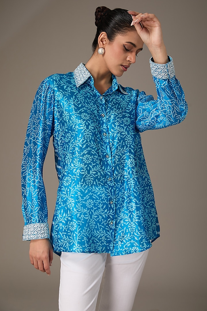 Blue Kora Silk Block Printed & Hand Embroidered Shirt by Prisha's
