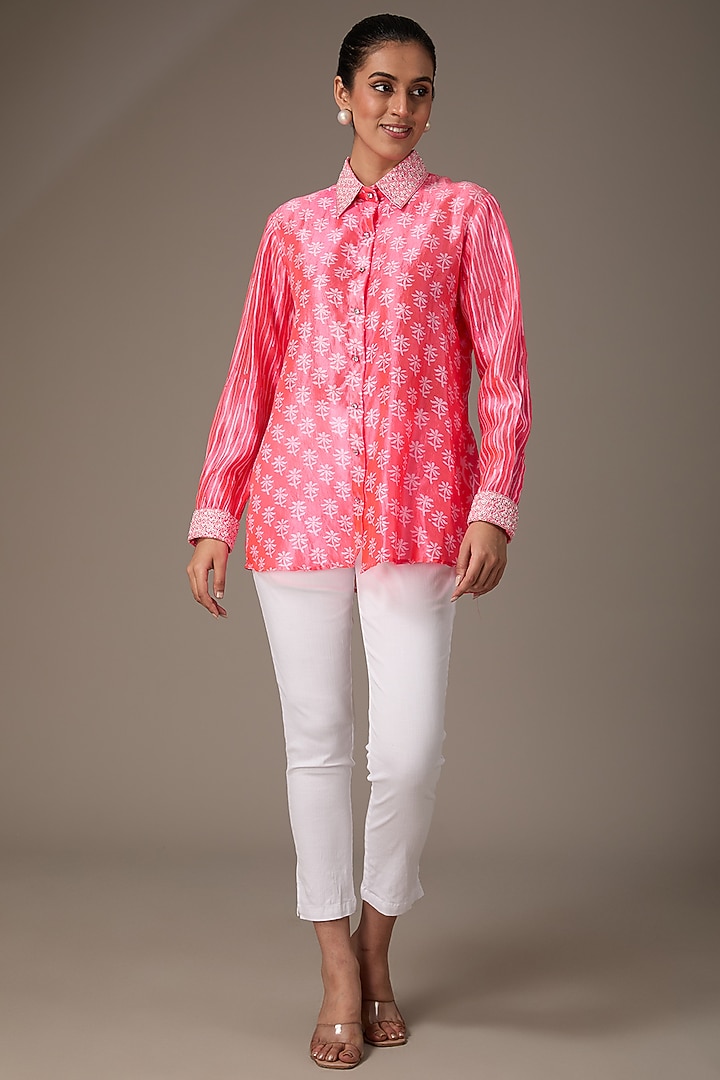 Neon Pink Kora Silk Block Printed & Hand Embroidered Shirt by Prisha's at Pernia's Pop Up Shop