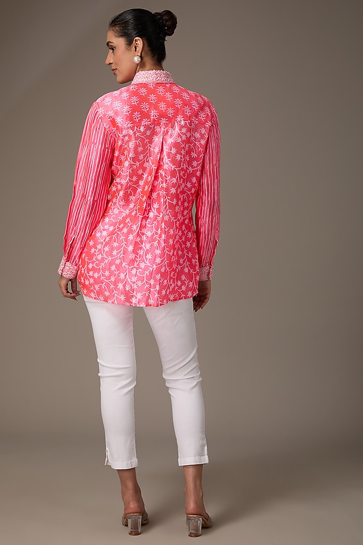 Neon Pink Kora Silk Block Printed & Hand Embroidered Shirt by Prisha's at Pernia's Pop Up Shop