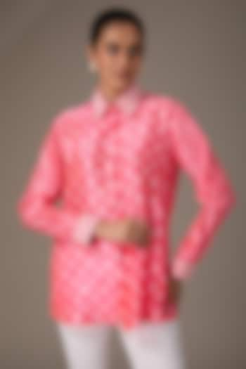 Neon Pink Kora Silk Block Printed & Hand Embroidered Shirt by Prisha's at Pernia's Pop Up Shop