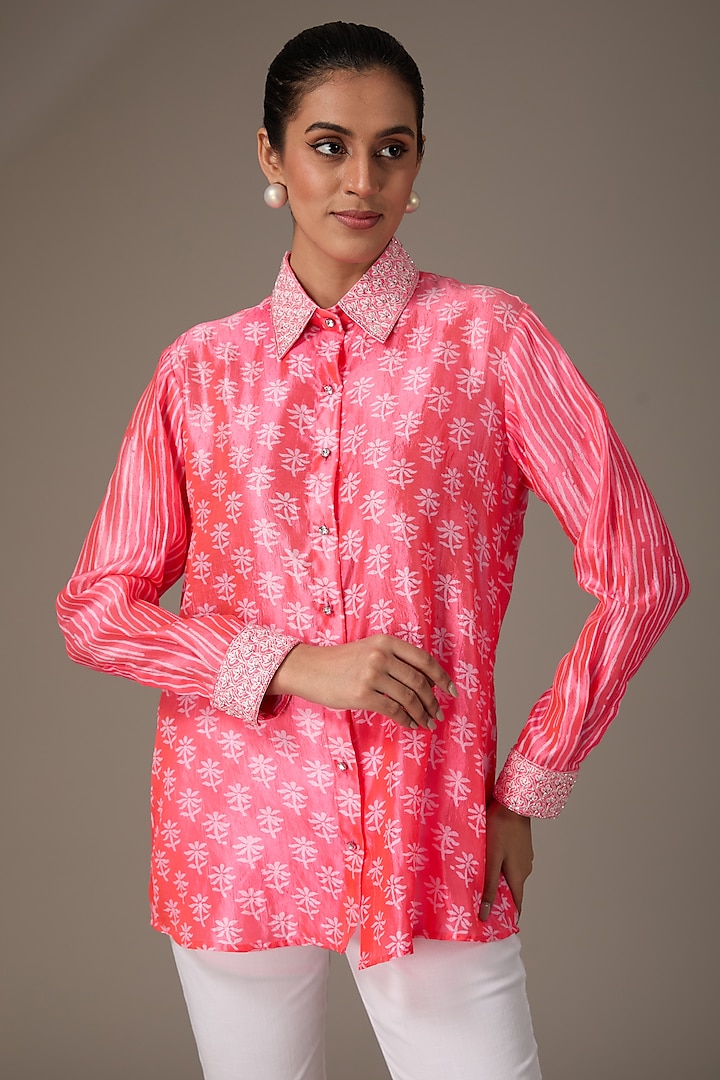 Neon Pink Kora Silk Block Printed & Hand Embroidered Shirt by Prisha's at Pernia's Pop Up Shop