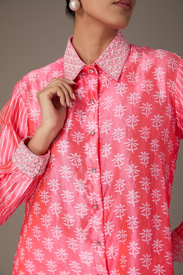 Neon Pink Kora Silk Block Printed & Hand Embroidered Shirt by Prisha's at Pernia's Pop Up Shop