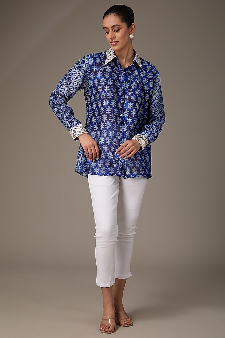 Indigo Raw Silk Block Printed & Hand Embroidered Shirt by Prisha's at Pernia's Pop Up Shop