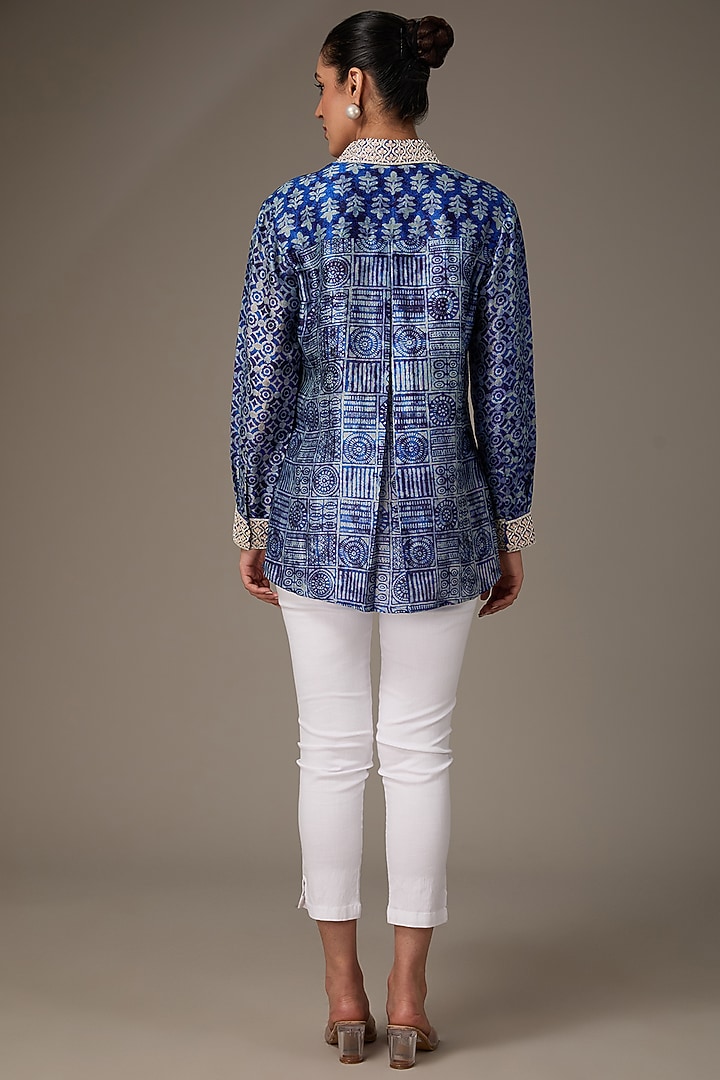 Indigo Raw Silk Block Printed & Hand Embroidered Shirt by Prisha's at Pernia's Pop Up Shop