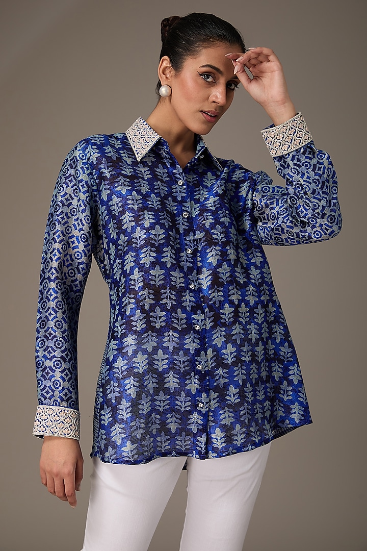 Indigo Raw Silk Block Printed & Hand Embroidered Shirt by Prisha's
