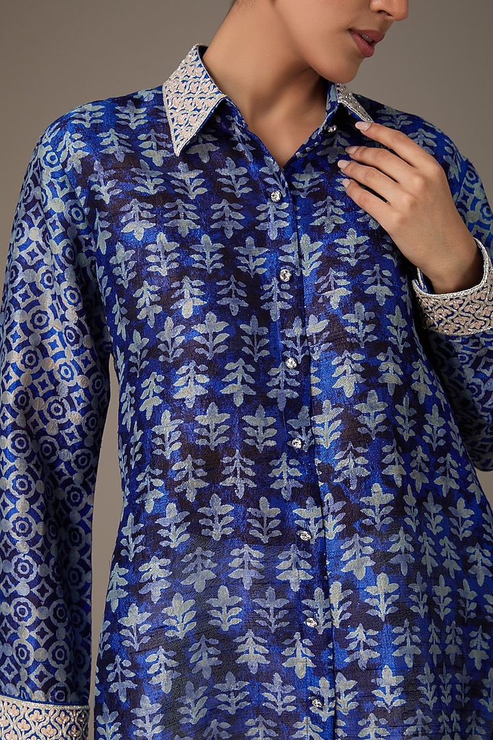 Indigo Raw Silk Block Printed & Hand Embroidered Shirt by Prisha's at Pernia's Pop Up Shop