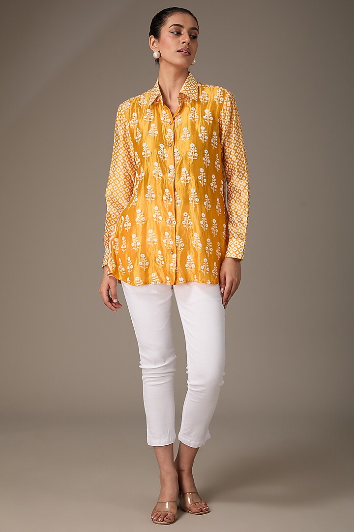 Orange Kora Silk Block Printed & Hand Embroidered Shirt by Prisha's at Pernia's Pop Up Shop