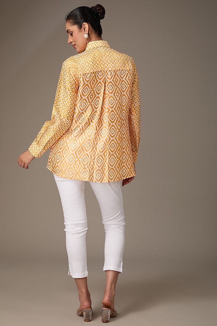 Orange Kora Silk Block Printed & Hand Embroidered Shirt by Prisha's at Pernia's Pop Up Shop