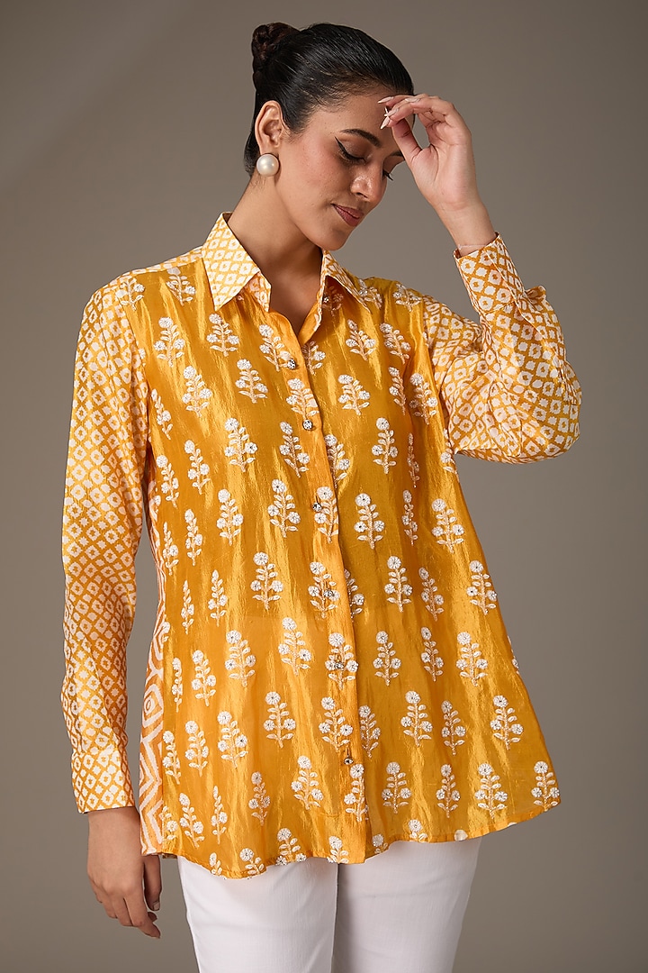 Orange Kora Silk Block Printed & Hand Embroidered Shirt by Prisha's at Pernia's Pop Up Shop