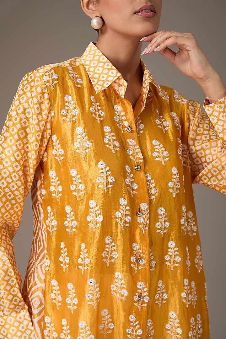 Orange Kora Silk Block Printed & Hand Embroidered Shirt by Prisha's at Pernia's Pop Up Shop
