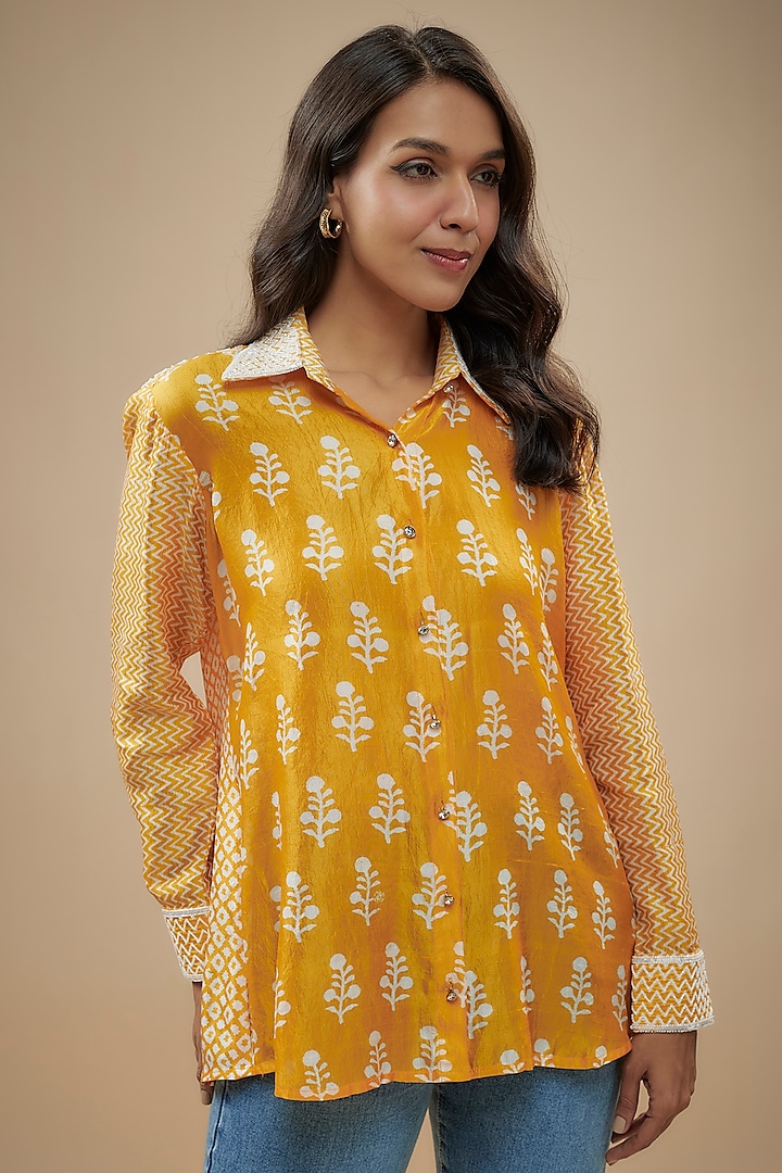 Orange Kora Silk Zardosi Embroidered & Block Printed Shirt by Prisha's at Pernia's Pop Up Shop