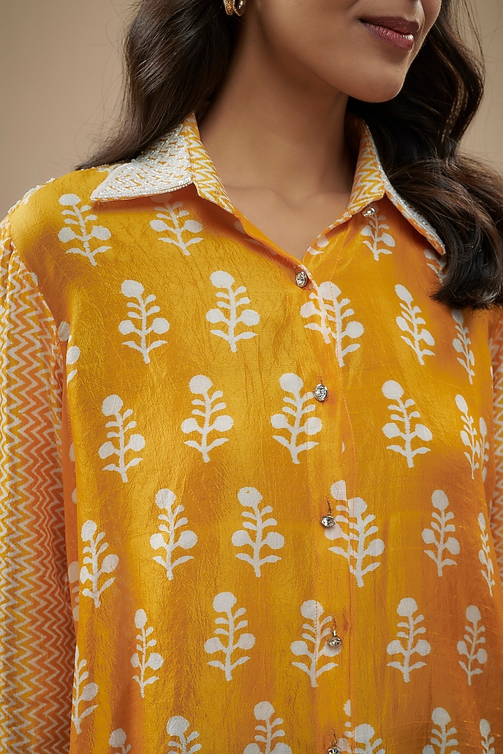 Orange Kora Silk Zardosi Embroidered & Block Printed Shirt by Prisha's at Pernia's Pop Up Shop