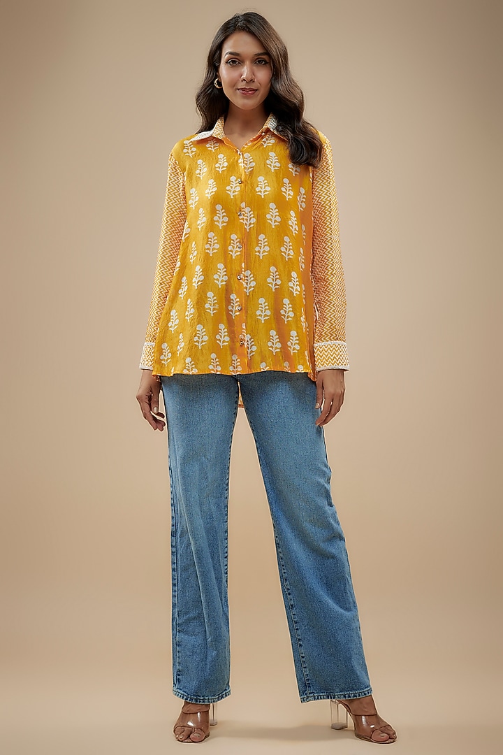 Orange Kora Silk Zardosi Embroidered & Block Printed Shirt by Prisha's at Pernia's Pop Up Shop
