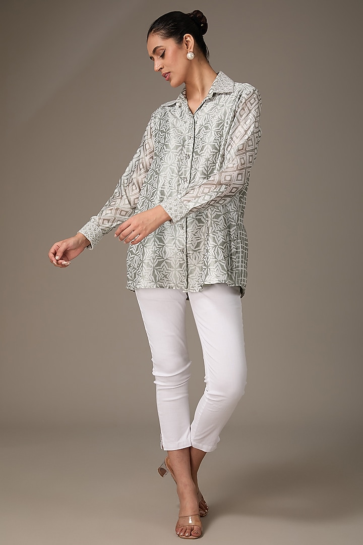 Grey & Off-White Kora Silk Block Printed & Hand Embroidered Shirt by Prisha's at Pernia's Pop Up Shop