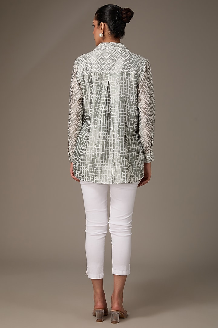 Grey & Off-White Kora Silk Block Printed & Hand Embroidered Shirt by Prisha's at Pernia's Pop Up Shop