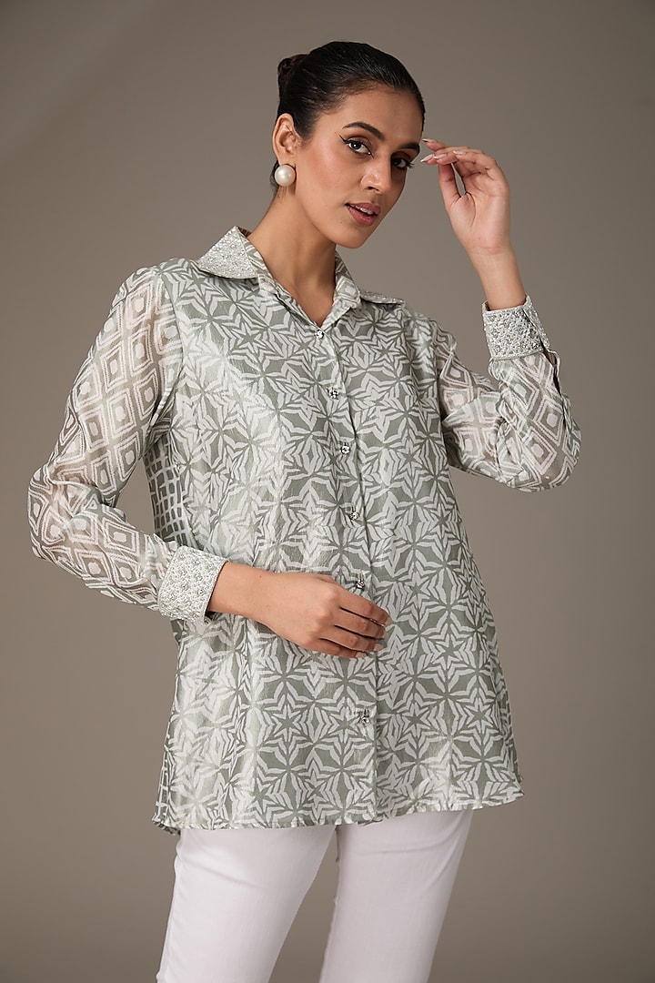 Grey & Off-White Kora Silk Block Printed & Hand Embroidered Shirt by Prisha's at Pernia's Pop Up Shop