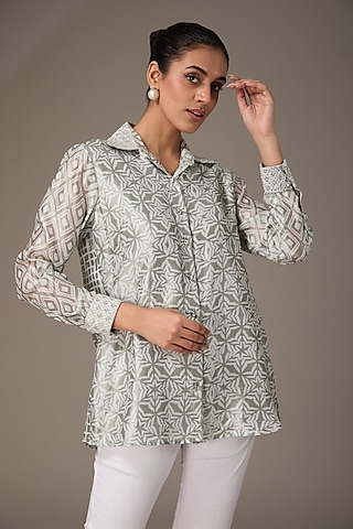 Grey & Off-White Kora Silk Block Printed & Hand Embroidered Shirt by Prisha's