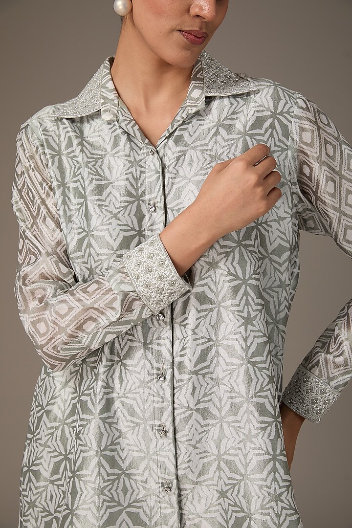 Grey & Off-White Kora Silk Block Printed & Hand Embroidered Shirt by Prisha's at Pernia's Pop Up Shop