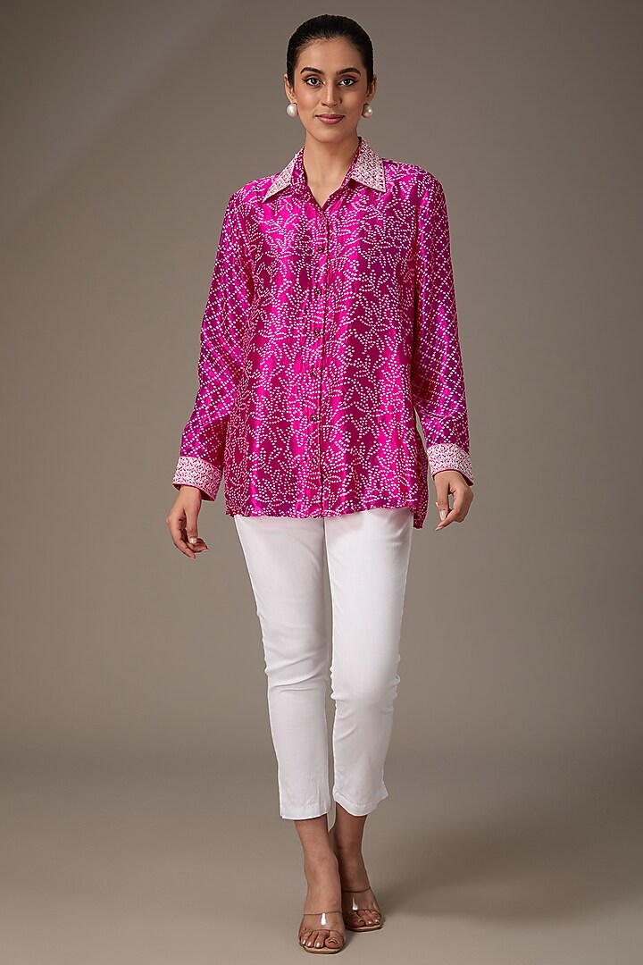 Pink Kora Silk Block Printed & Hand Embroidered Shirt by Prisha's at Pernia's Pop Up Shop