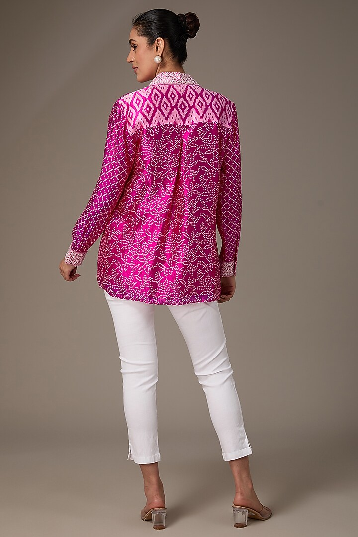 Pink Kora Silk Block Printed & Hand Embroidered Shirt by Prisha's at Pernia's Pop Up Shop