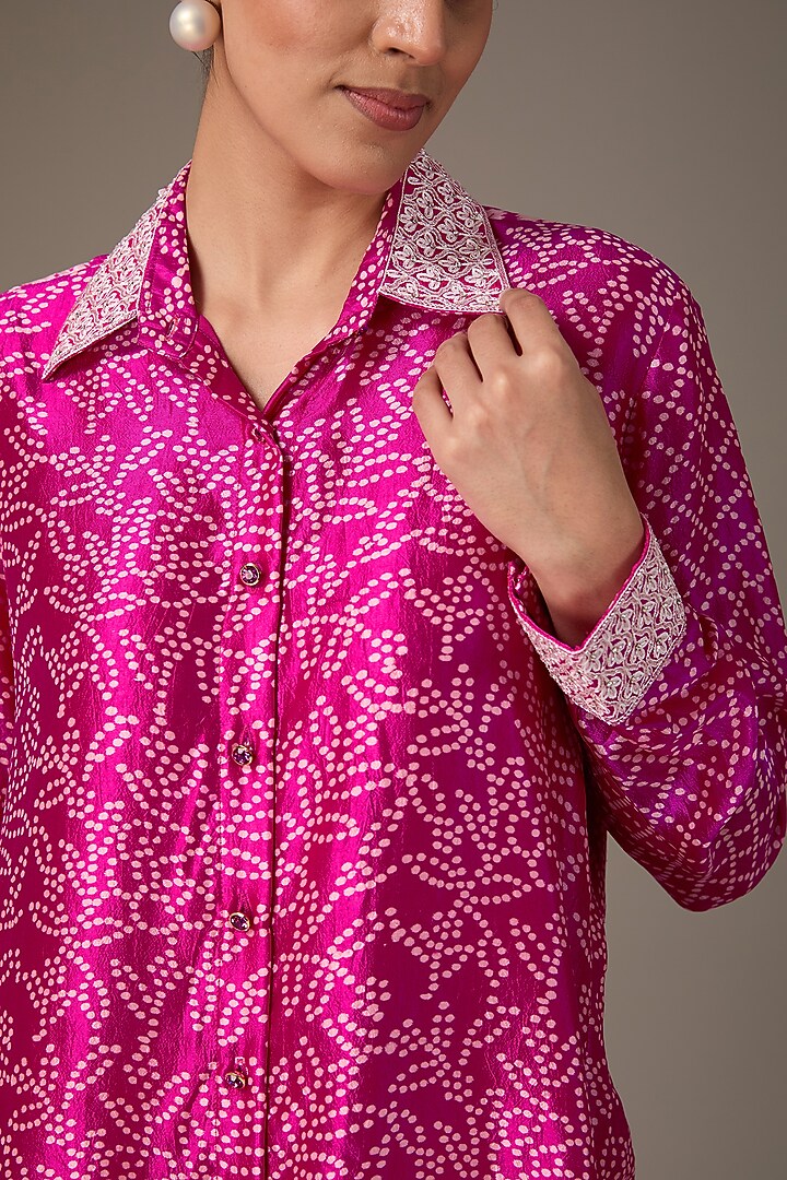 Pink Kora Silk Block Printed & Hand Embroidered Shirt by Prisha's at Pernia's Pop Up Shop