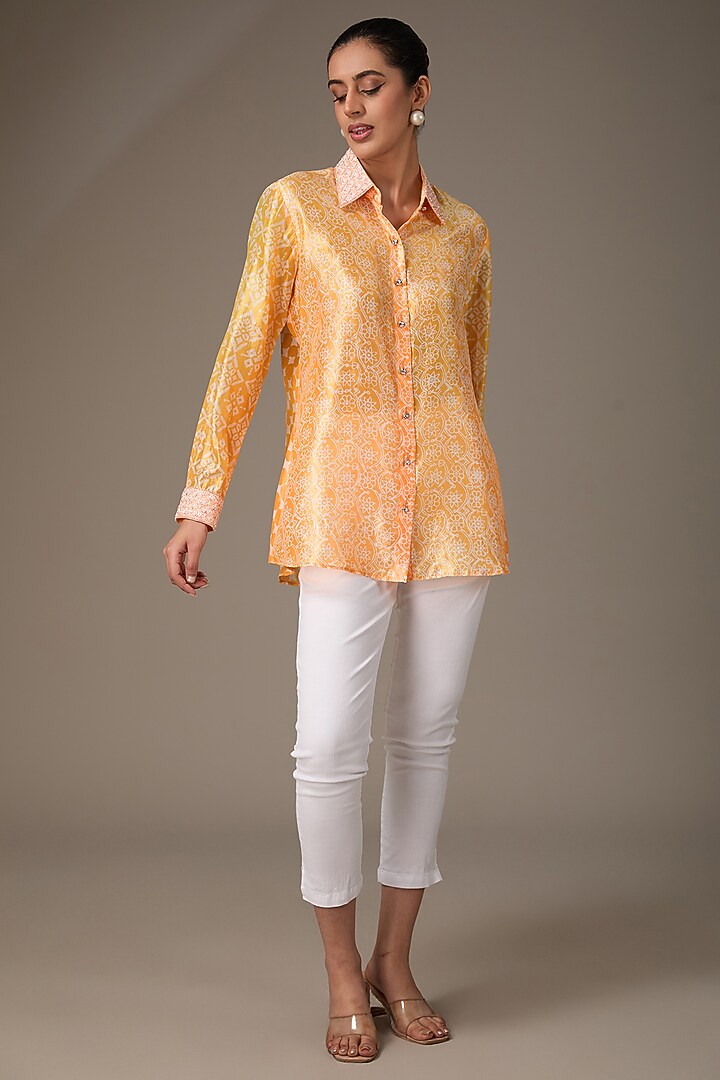Neon Orange Kora Silk Block Printed & Hand Embroidered Shirt by Prisha's at Pernia's Pop Up Shop