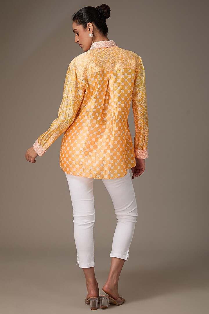 Neon Orange Kora Silk Block Printed & Hand Embroidered Shirt by Prisha's at Pernia's Pop Up Shop