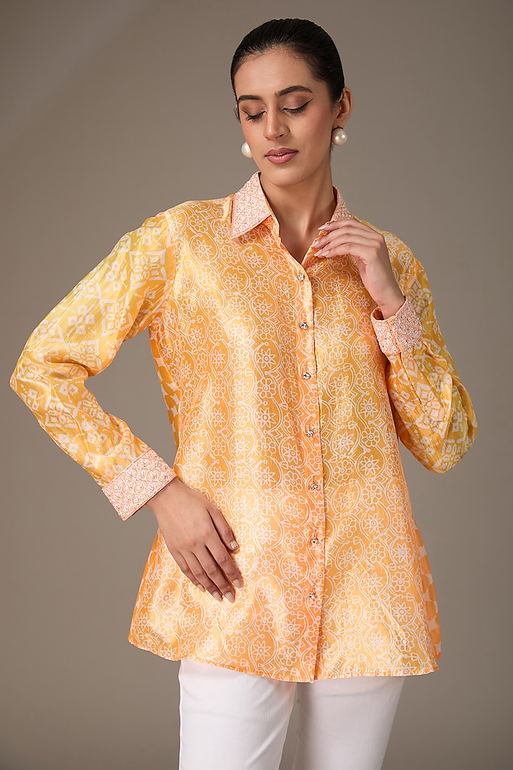 Neon Orange Kora Silk Block Printed & Hand Embroidered Shirt by Prisha's
