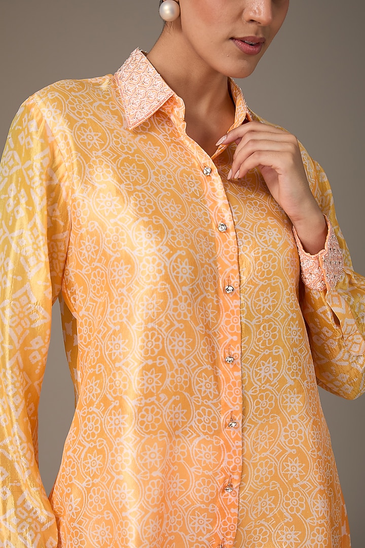 Neon Orange Kora Silk Block Printed & Hand Embroidered Shirt by Prisha's at Pernia's Pop Up Shop