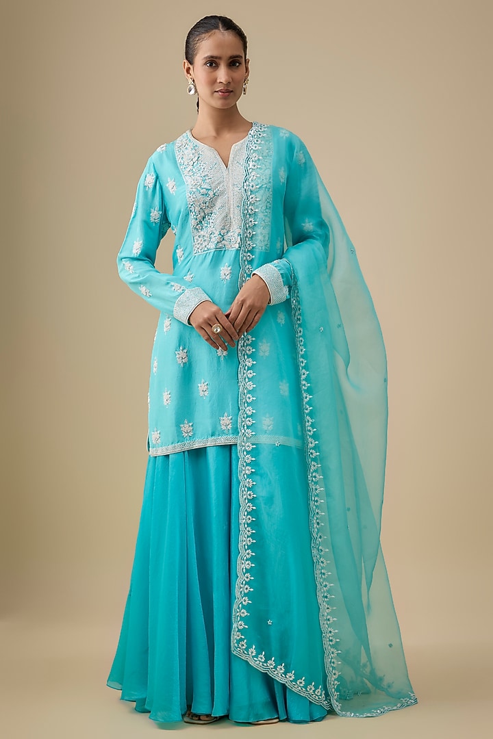 Blue Raw Silk Zardosi Embroidered Kurta Set by Prisha's at Pernia's Pop Up Shop
