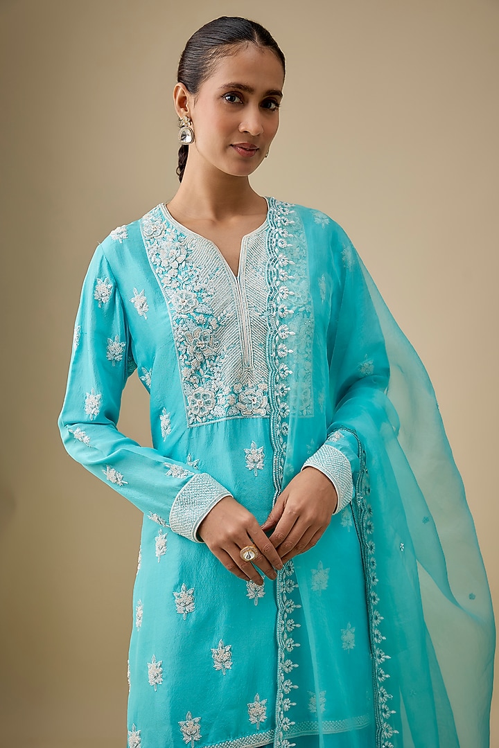 Blue Raw Silk Zardosi Embroidered Kurta Set by Prisha's at Pernia's Pop Up Shop
