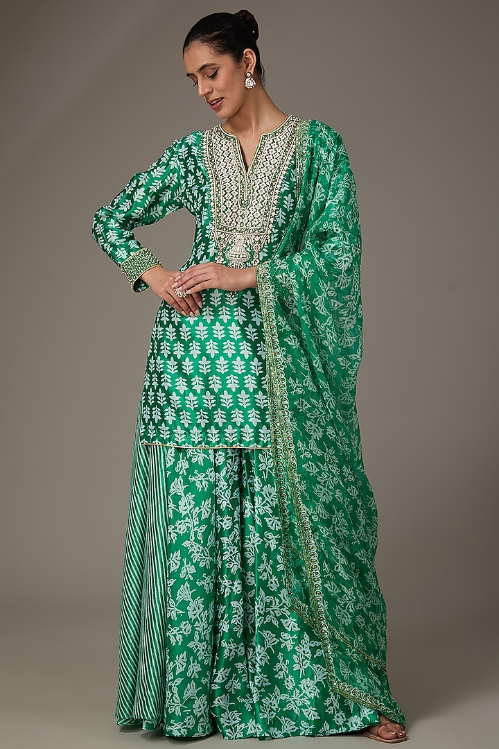 Green Kora Silk Block Printed Palazzo Pant Set by Prisha's
