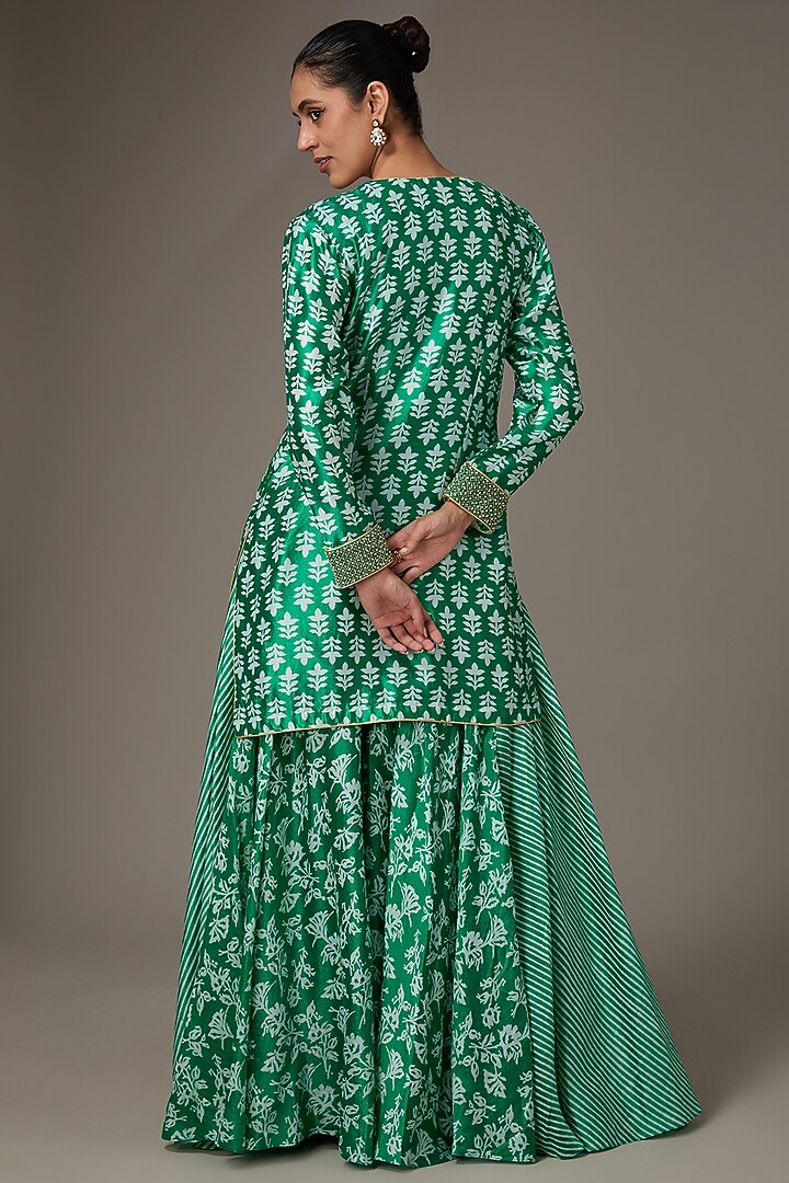 Green Kora Silk Block Printed Palazzo Pant Set by Prisha's at Pernia's Pop Up Shop
