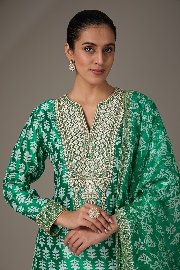 Green Kora Silk Block Printed Palazzo Pant Set by Prisha's at Pernia's Pop Up Shop