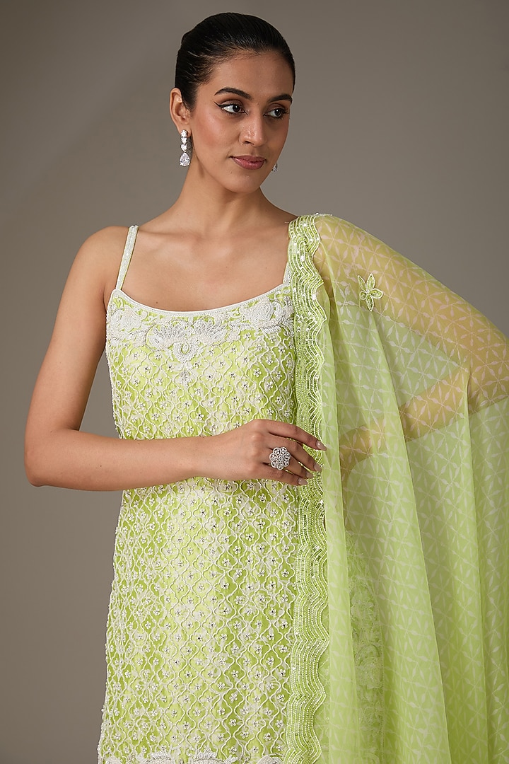 Green Kora Silk Block Printed & Hand Embroidered Kurta Set by Prisha's at Pernia's Pop Up Shop